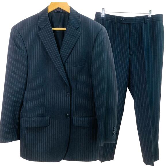 Tomy Hilfiger Size 40R/35.5R 2-Piece Wool Pant Suit w/ Blazer Jacket Pinstripe